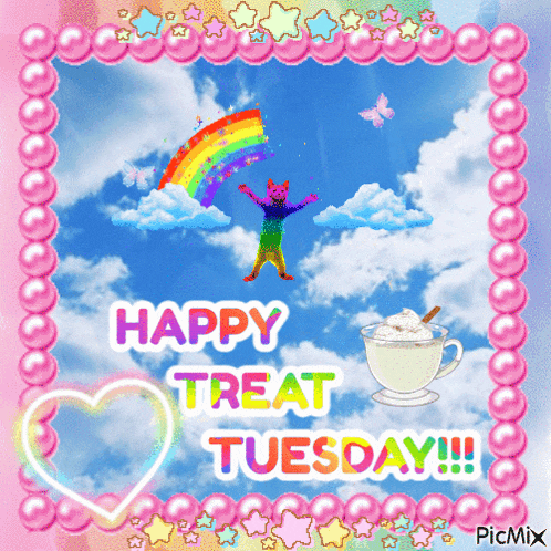a happy treat tuesday greeting card with a rainbow cat