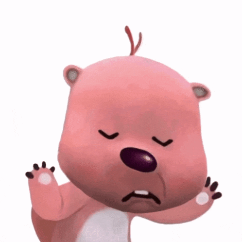 a pink cartoon bear with its eyes closed and a purple nose is standing on a white background