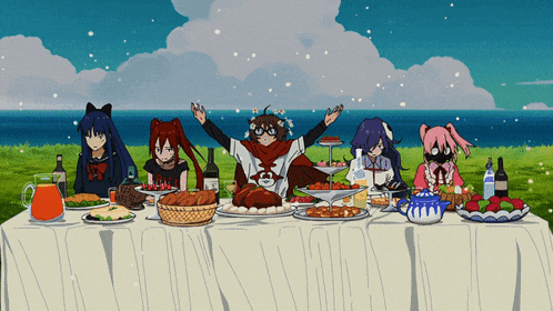 a group of anime characters are gathered around a table with food and drinks