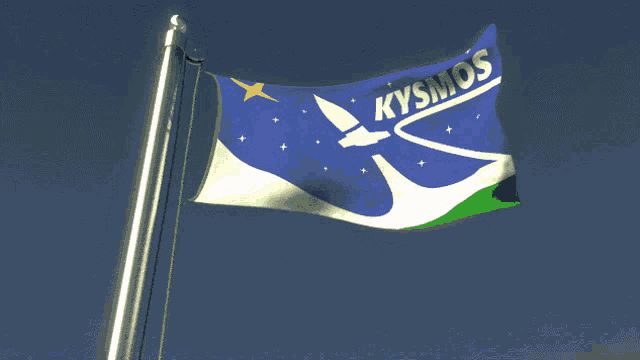 a flag that says kysmos on it is waving in the wind