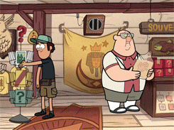 two cartoon characters in a store with a sign that says souve on it