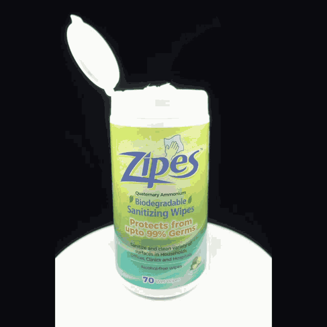 a can of zip sanitizing wipes has the lid open
