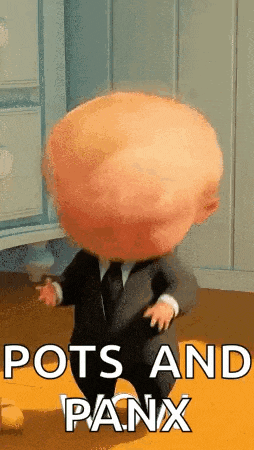 a baby in a suit and tie is dancing in a room with the words `` pots and panx '' written on it .