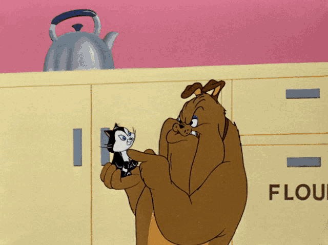 a cartoon of a dog holding a cat in front of a flour container
