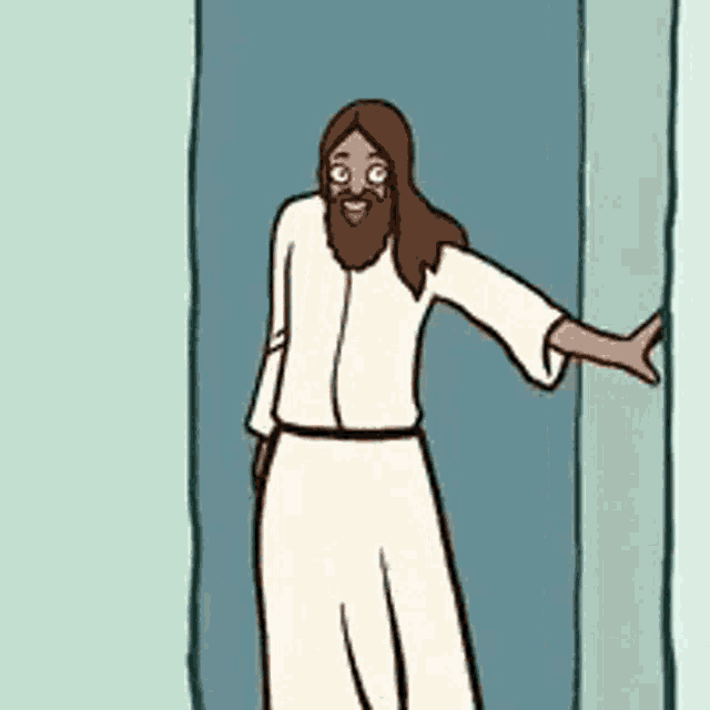 a cartoon of jesus standing in front of a door