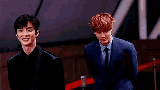 two young men in suits are standing next to each other on a red carpet .