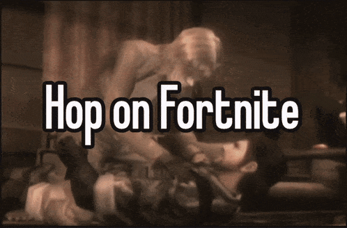 a blurred image of a man and a woman with the words hop on fortnite above them