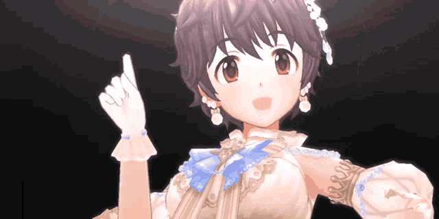 a girl with short hair is wearing a white dress and gloves