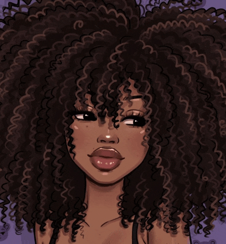 a cartoon drawing of a woman with curly hair on a purple background