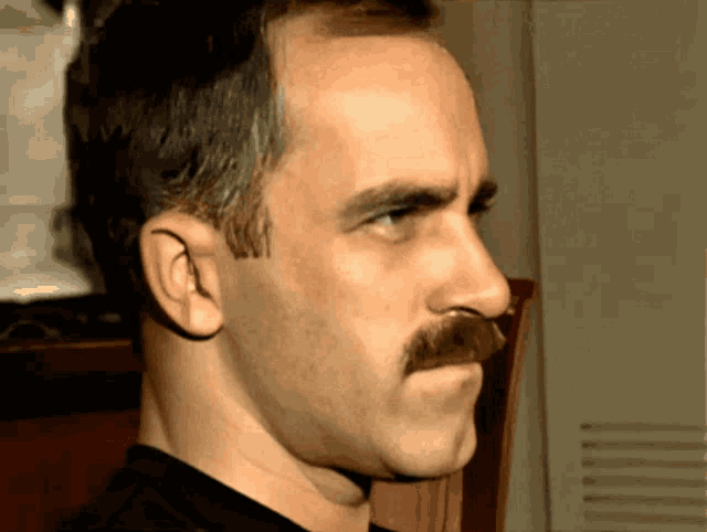 a man with a mustache looks to the side