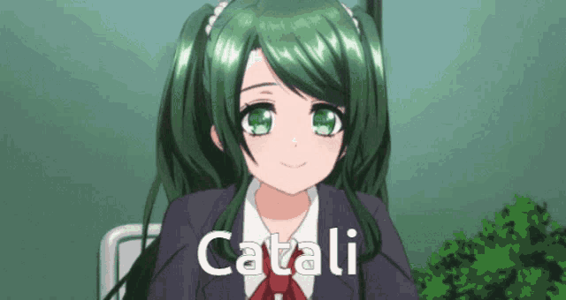 a picture of a girl with green hair and the name catali on the bottom