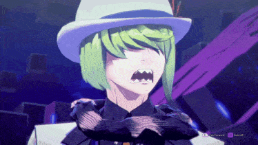 a screenshot of a video game shows a character with green hair and a hat