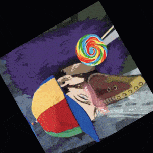 a cartoon character with purple hair and a lollipop in his mouth
