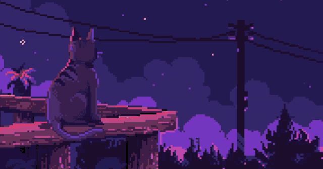 a pixel art of a cat sitting on a wooden dock