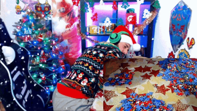 a man wearing a santa hat and a sweater that says ' ugly christmas sweater '