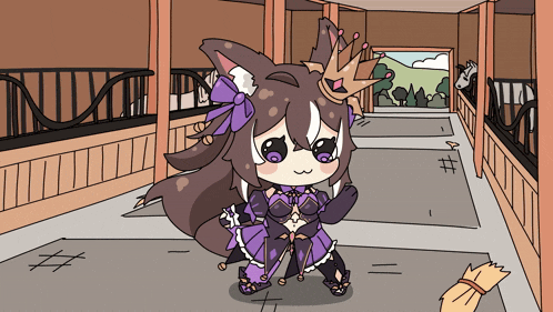 a cartoon of a girl with a crown on her head in a stable