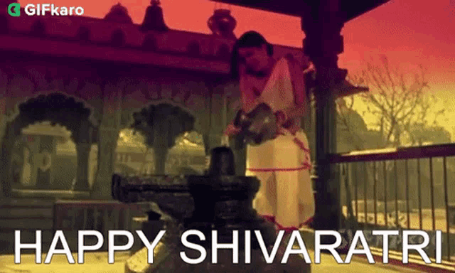 a happy shivaratri greeting card with a woman pouring water on a shiva lingam .