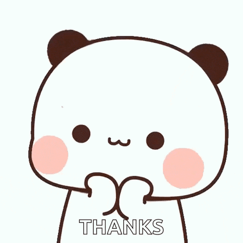 a cartoon panda bear is saying thanks with his hands folded in front of his face .