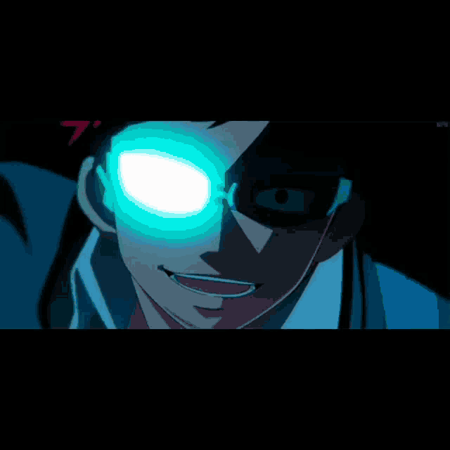 a close up of a cartoon character 's face with glowing eyes