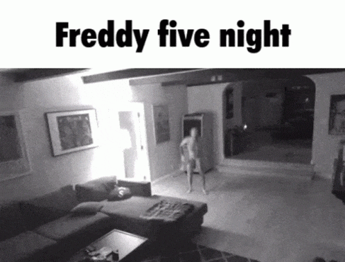 a black and white photo of a living room with the words freddy five night