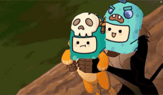a cartoon character with a skull on his head is being held by another character