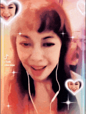 a woman wearing headphones is smiling with hearts around her