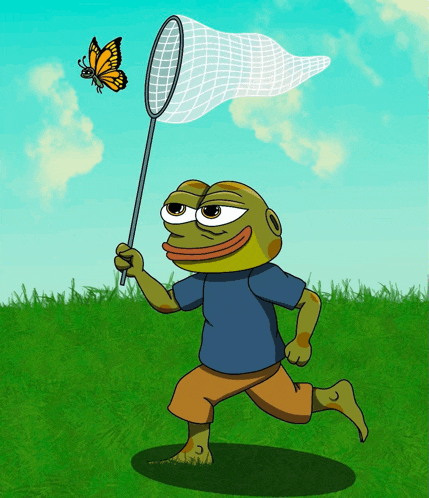 a cartoon of a frog catching a butterfly with a butterfly net