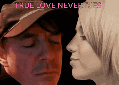 a picture of a man and a woman with the words true love never dies