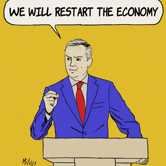 a cartoon of a man giving a speech with a speech bubble saying whatever the cost