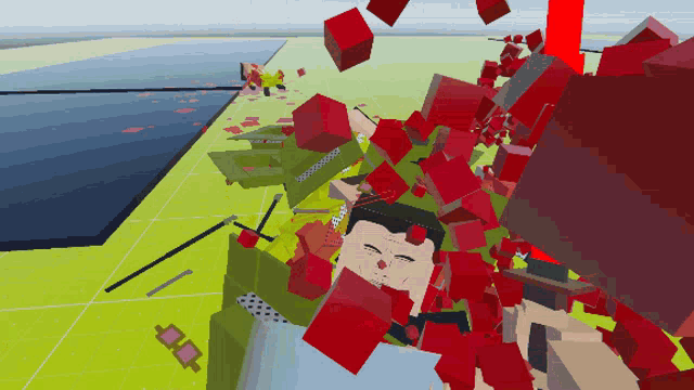 a cartoon character is surrounded by red cubes and a red arrow