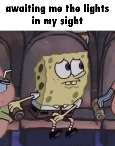 a cartoon of spongebob sitting in a movie theater waiting for the lights to come on