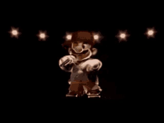 a cartoon character is dancing in a dark room with a microphone .