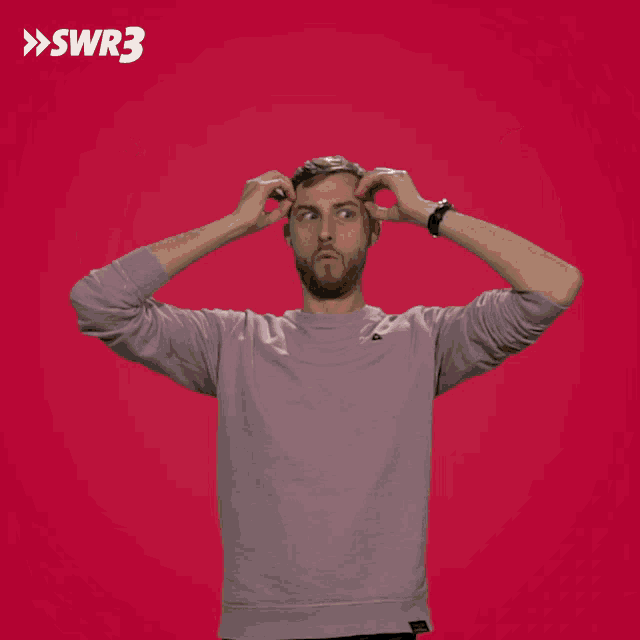 a man is making a funny face with his arms in the air and a swr3 logo in the upper right corner
