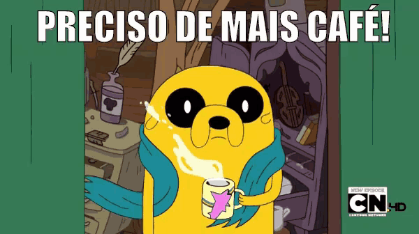 a cartoon character holding a cup of coffee with the words preciso de mais cafe