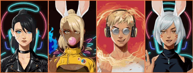 four cartoon characters with bunny ears and headphones