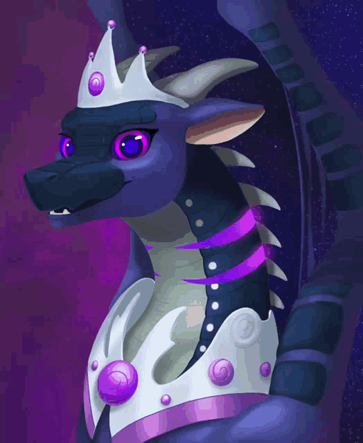 a purple dragon with purple eyes and a crown on its head