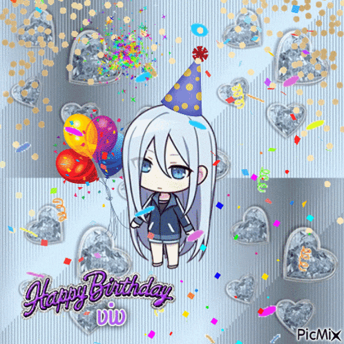 a picture of a girl holding balloons with the words happy birthday dio
