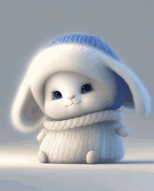 a white bunny wearing a blue hat and a white sweater