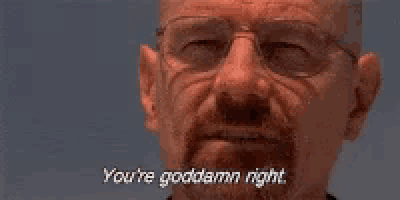 a close up of a man 's face with glasses and the words `` you 're goddamn right '' .