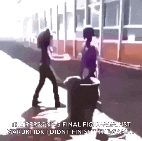 a couple of people standing next to each other with the words the persona 5 final fight against maruki idk