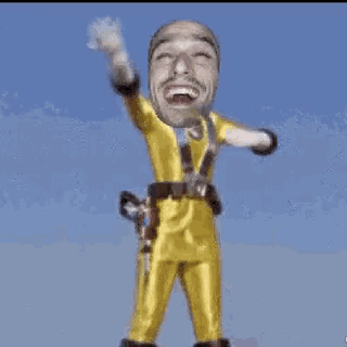 a cartoon of a man in a yellow superhero costume is laughing .