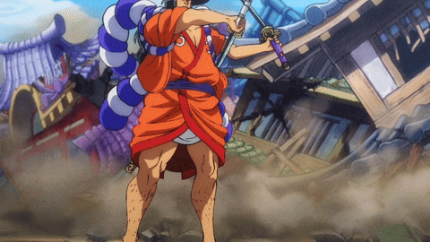 a cartoon character holding a sword in front of a building