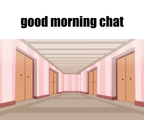 a hallway with pink striped walls and the words " good morning chat " above it