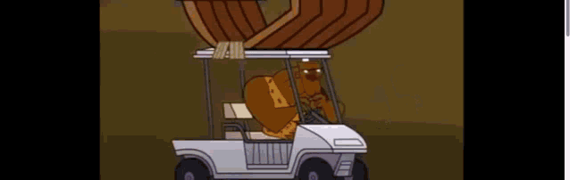 a cartoon of a bear driving a golf cart with a boat on top of it