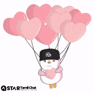 a penguin is flying through the air holding a heart shaped balloon ..