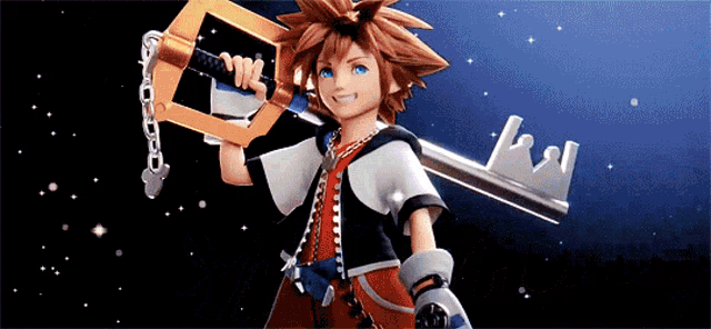 sora from the video game kingdom hearts is holding a key .