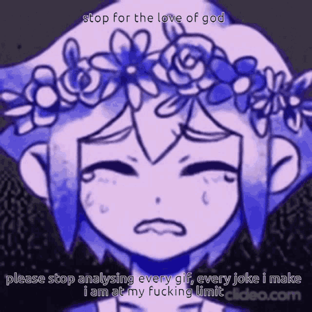 a drawing of a girl with a flower crown on her head and the words stop for the love of god