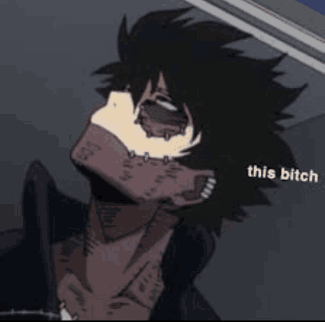 a close up of a cartoon character with a scarf around his neck and the words `` this bitch '' .