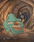 a cartoon character from the amazing world of gumball is standing in a cave holding a spoon .