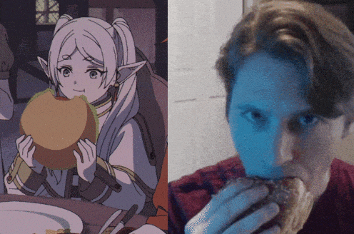 a man eating a sandwich next to a girl holding a hamburger